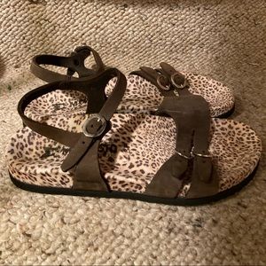 Mephisto Air-Relax Genuine Leather Brown Sandals with Soft Suede Leopard Footbed